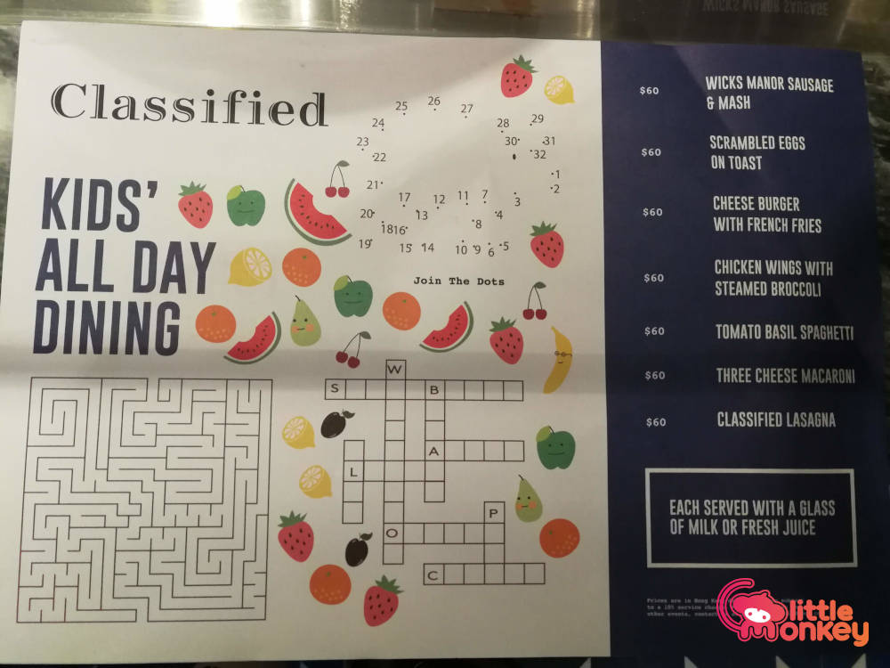 Classified's kids all day dining menu in Exchange Square